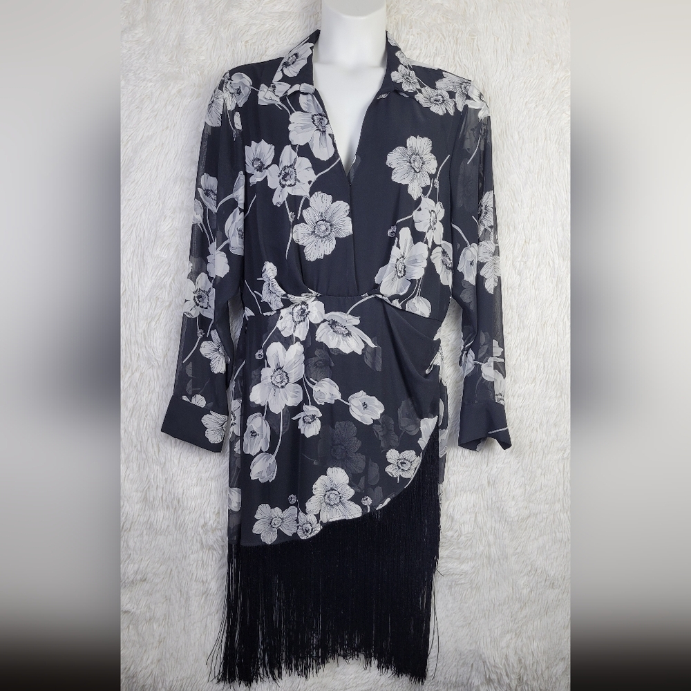 NWT Sz 16‎ Premier Amour Black & White Floral Fringe Hem Dress